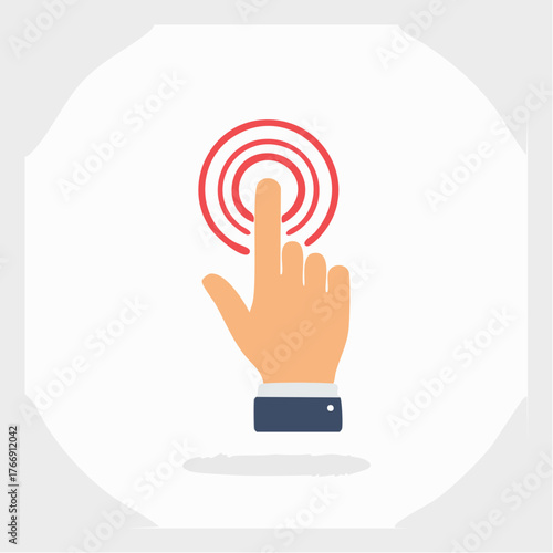 Hand pressing button vector icon in red outline on white background