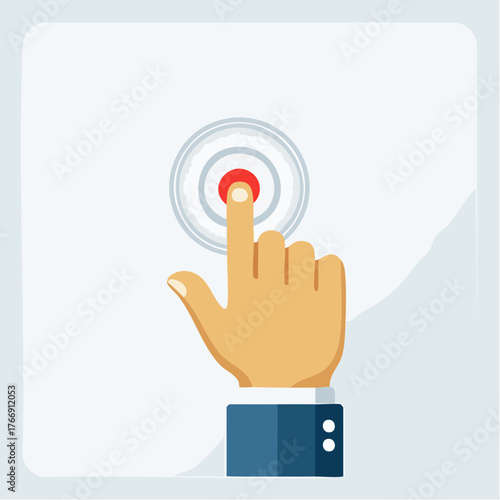 Hand pressing button vector icon in red outline on white background