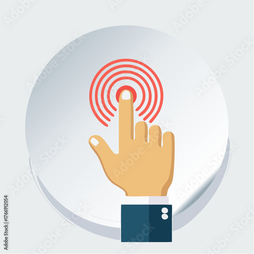 Hand pressing button vector icon in red outline on white background