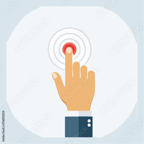 Hand pressing button vector icon in red outline on white background
