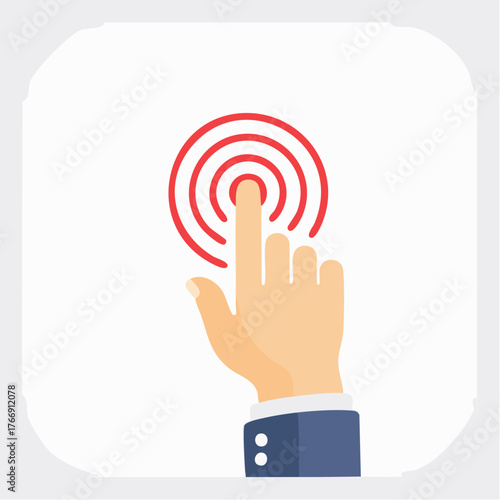 Hand pressing button vector icon in red outline on white background