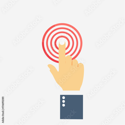 Hand pressing button vector icon in red outline on white background
