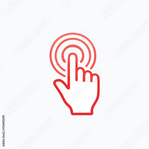 Hand pressing button vector icon in red outline on white background