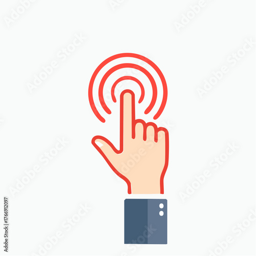 Hand pressing button vector icon in red outline on white background