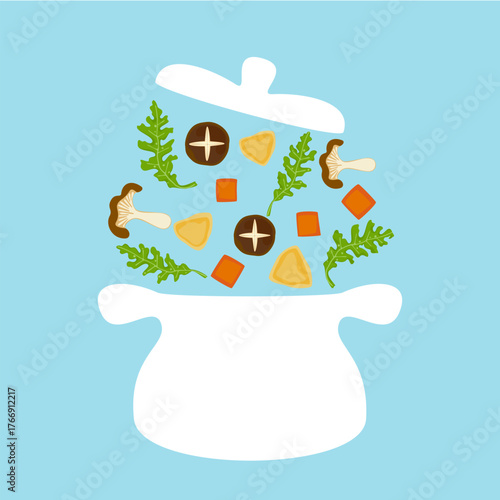 Colorful vector illustration of a cooking pot with vegetables, pasta, and steam on a blue background. Perfect for kitchen design, recipes, or flat design food theme, including a restaurant concept.