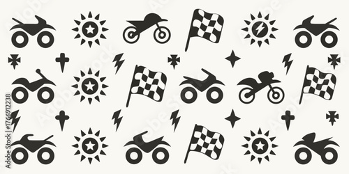 Collection of black motorcycle icons checkered flags suns and lightning bolts on a white background
