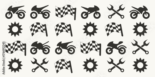 Motorcycle racing icons set featuring checkered flags sportbikes wrenches and sunbursts