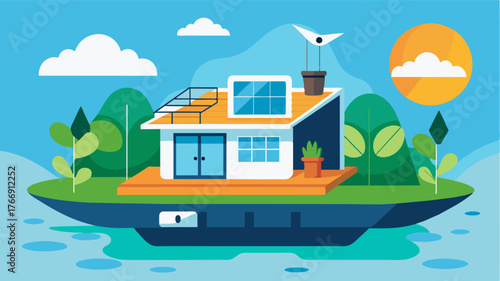 An ecofriendly floating home designed as a remote workspace using renewable energy and sustainable materials.. Vector illustration