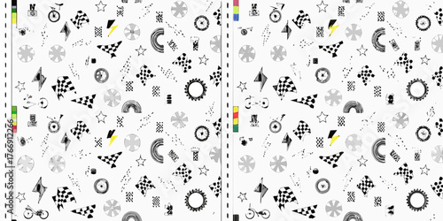 Whimsical black and white doodle pattern with racing flags stars and wheels