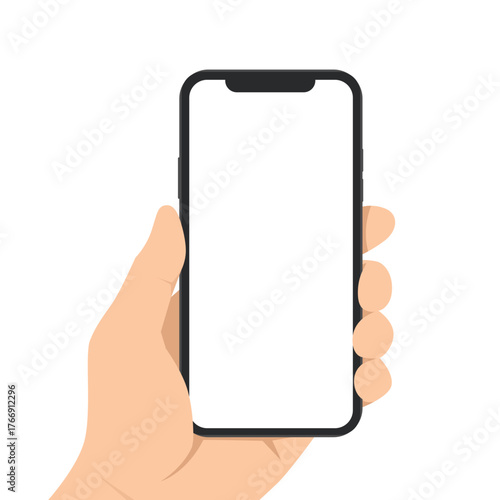 Hand Holding Smartphone with Blank Screen. Flat vector illustration isolated on white background