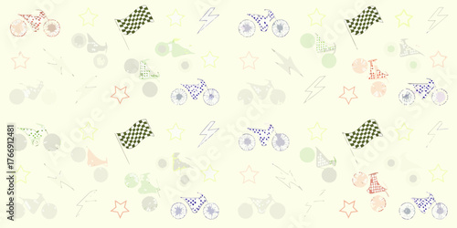 Whimsical motorcycle pattern with racing flags stars and lightning bolts on a cream background