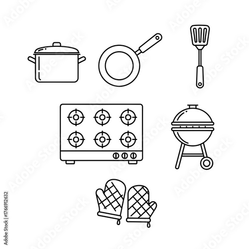 Cooking essentials line art: Kitchenware collection with pot, pan, stove, spatula, BBQ grill, and oven mitts for culinary creatives, showcasing vector simplicity and modern design
