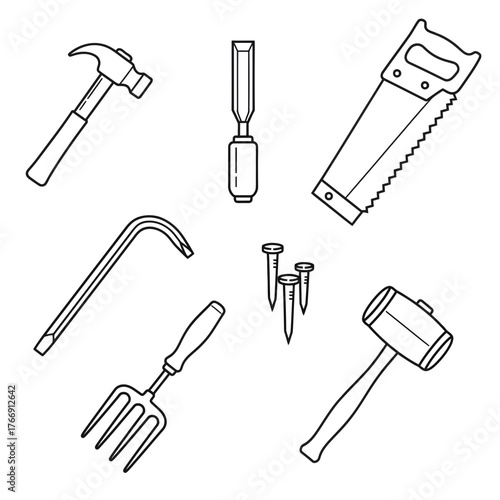 Essential carpentry tools outline for woodworking projects and construction, perfect for DIY enthusiasts and professional contractors, vector illustration