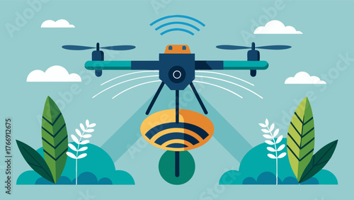 A drone equipped with specialized sensors scanning fields for signs of insect infestations and relaying data to the farmers smartphone.. Vector illustration
