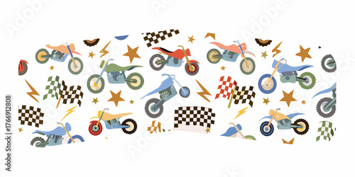 Collection of colorful cartoon dirt bikes and checkered flags in a playful pattern