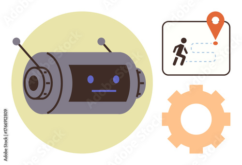 Robot with antennas, geolocation map showing path and marker, gear symbol. Ideal for technology, AI, robotics, navigation, innovation automation and futuristic themes. A simple flat metaphor