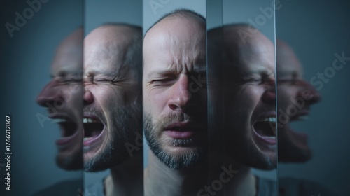 Conceptual portrait of man with bipolar disorder expressing anger and despair in fragmented mirror reflections