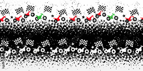 Motocross race celebration with checkered flags and confetti border design