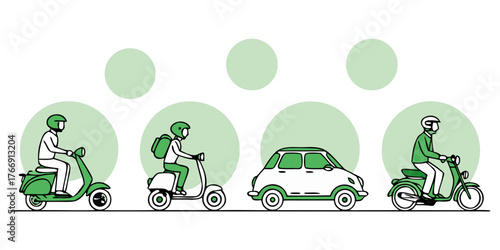 Various vehicles including scooters and car on