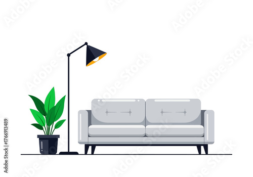 Living Room Interior with Sofa Lamp and Plant.