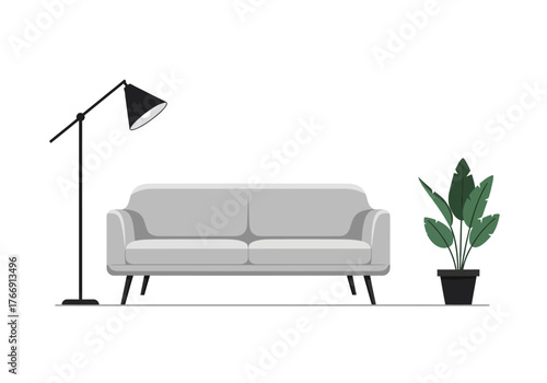 Minimalist Living Room Interior with Sofa Lamp and Plant.