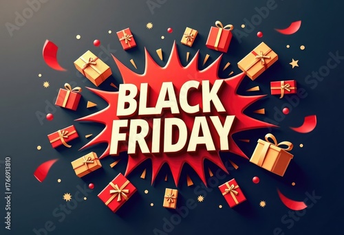 Dynamic vector illustration of exploding gift boxes from the center with bold Black Friday text on a dark background accented in red and gold, perfect for sale banners, ads, posters, digital marketing