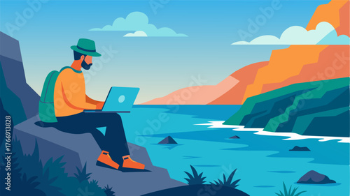 An adventurous hiker takes a break by setting up their laptop on a cliffside mesmerized by the endless ocean view stretched out before them.. Vector illustration