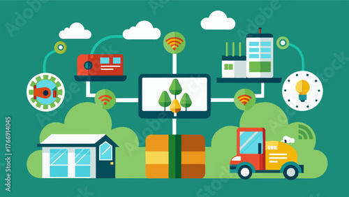 A centralized farm management system interconnected with different machinery and devices for streamlined operations.. Vector illustration