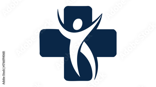 Modern abstract human figure leaping over dark blue medical cross logo concept