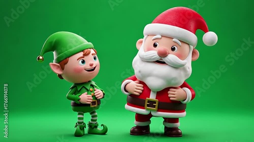 Animated santa claus and elf characters interacting joyfully with green background throughout the video