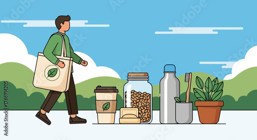 Minimalist Vector Illustration of Eco Friendly Man with Reusable Bag and Sustainable Items in Modern Style