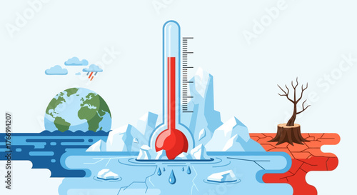 Vector Illustration of Climate Change Theme with Melting Ice and Drought Elements in Modern Style