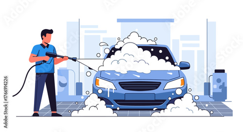Car Wash Vector Illustration with Man Washing Blue Vehicle in Modern Style