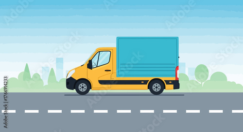 Vector Delivery Truck Illustration in Modern Style with Yellow and Blue Colors