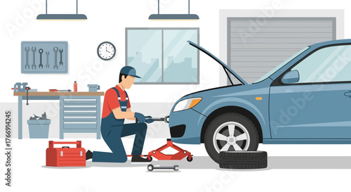 Professional Vector Illustration of Mechanic Working on Car in Modern Garage Setting