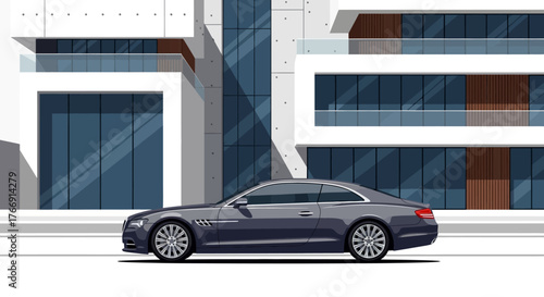 Modern Car Vector Illustration Against Contemporary Architecture