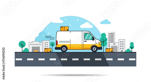 Delivery Van Vector Illustration with Cityscape and Colorful Background
