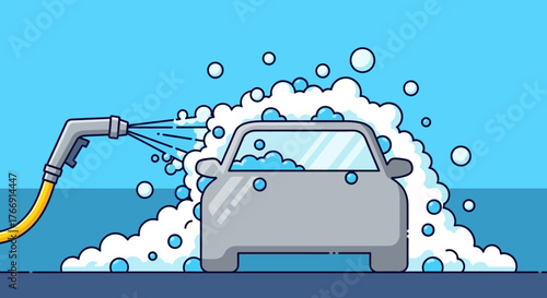 Vector Illustration of Car Being Washed with Water Spray in Modern Minimalist Style Featuring Blue and Gray Colors