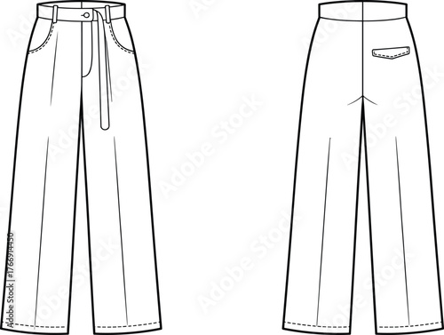 Technical pants sketch, high waist design, belt loops, flap pocket detail, wide-leg silhouette, fashion flat, garment construction, pattern template, apparel illustration