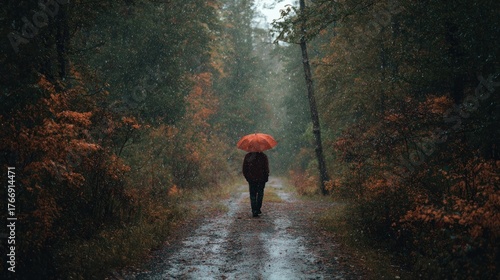 Solitary Figure Walks Forest Path Under Orange Umbrella, Rain.
