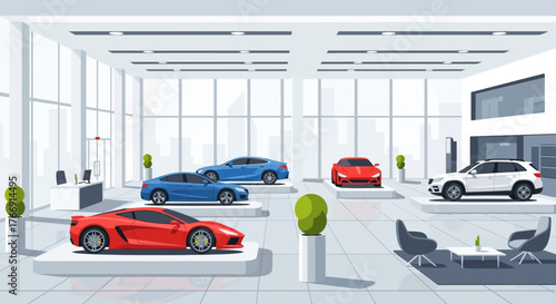 Vector Illustration of Modern Car Showroom Interior Featuring Luxury Sports Cars in Vibrant Colors in Minimalist Style