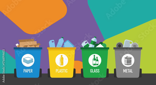 Illustration of Colorful Recycling Bins Vector Design with Modern Flat Style