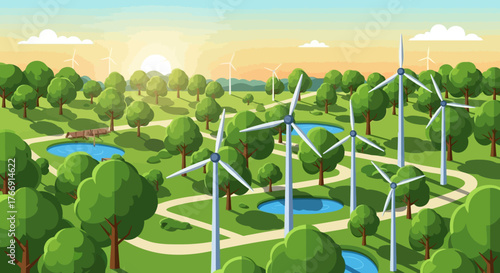 Environmental Vector Illustration of Wind Turbines in Green Landscape with Trees and Water Bodies