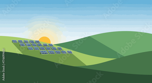 Landscape Vector Illustration with Solar Panels and Sunrise in Modern Style