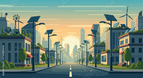 Urban Landscape Vector Illustration with Solar Panels and Wind Turbines in Modern Style