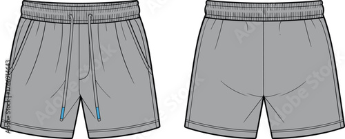 Technical shorts sketch, front and back view, elastic waistband, drawstring detail, side pockets, fashion flat, garment design, pattern template, apparel illustration