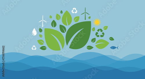 Eco Friendly Vector Illustration with Green Leaves and Blue Water Elements