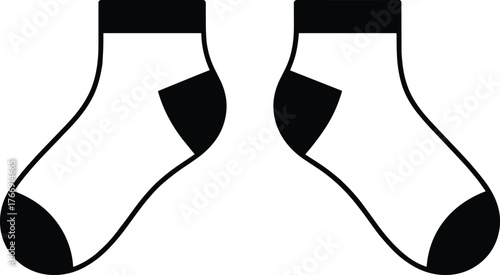 Technical socks sketch, white body, black toe and heel, minimal design, fashion flat, garment illustration, apparel template, clothing vector, footwear icon