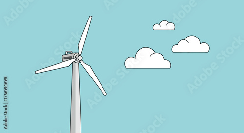 Modern Wind Turbine Vector Illustration with Cloud Elements in Blue Sky