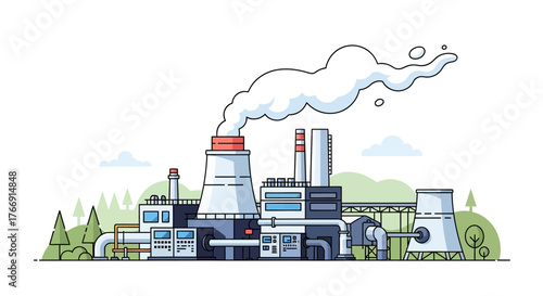 Vector Industrial Factory Illustration in Modern Minimalist Style with Smoke Cloud and Machinery Elements